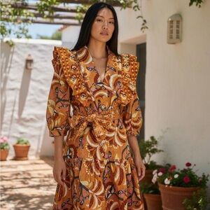 FARM Rio Mustard Paisley Ruffle-Tie Midi Dress